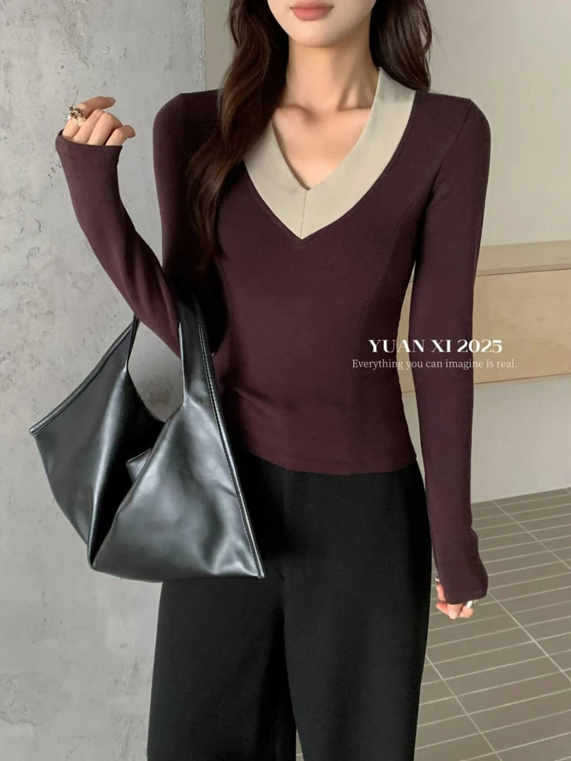 气质V领2025秋冬磨毛韩版设计感打底衫长袖女百搭修身显瘦内搭t恤