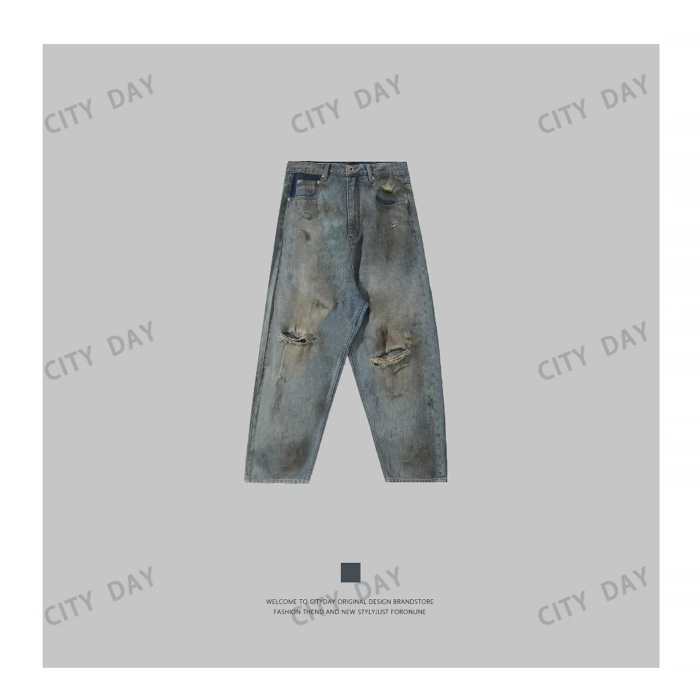 CityDay【楠哥】定织赤耳丹宁 立裁刀锋破洞做旧牛仔裤 6958
