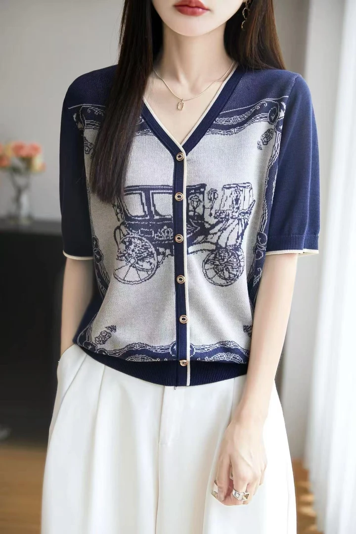 MZ.甄选轻奢夏季女士莱赛尔天丝短袖针织衫马车印花T恤TZ25043