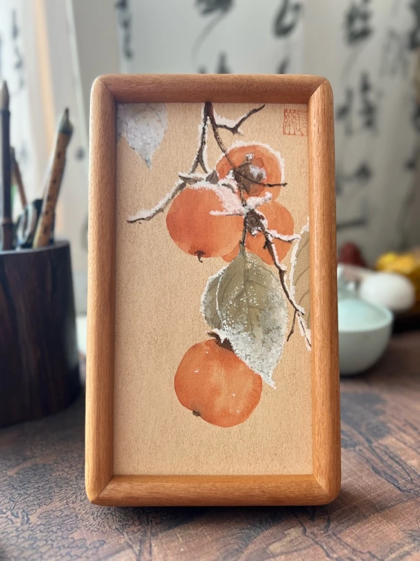【直拍】原创国风柿柿如意装饰画收藏摆台柚木框24cm×14cm