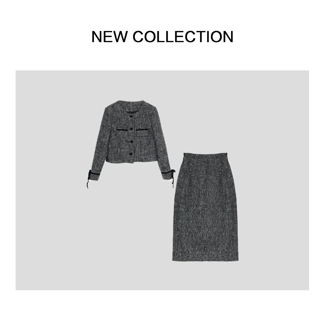 【小依专享】新款优雅风领结装饰外套+半裙D1518008A-8008套装秋季