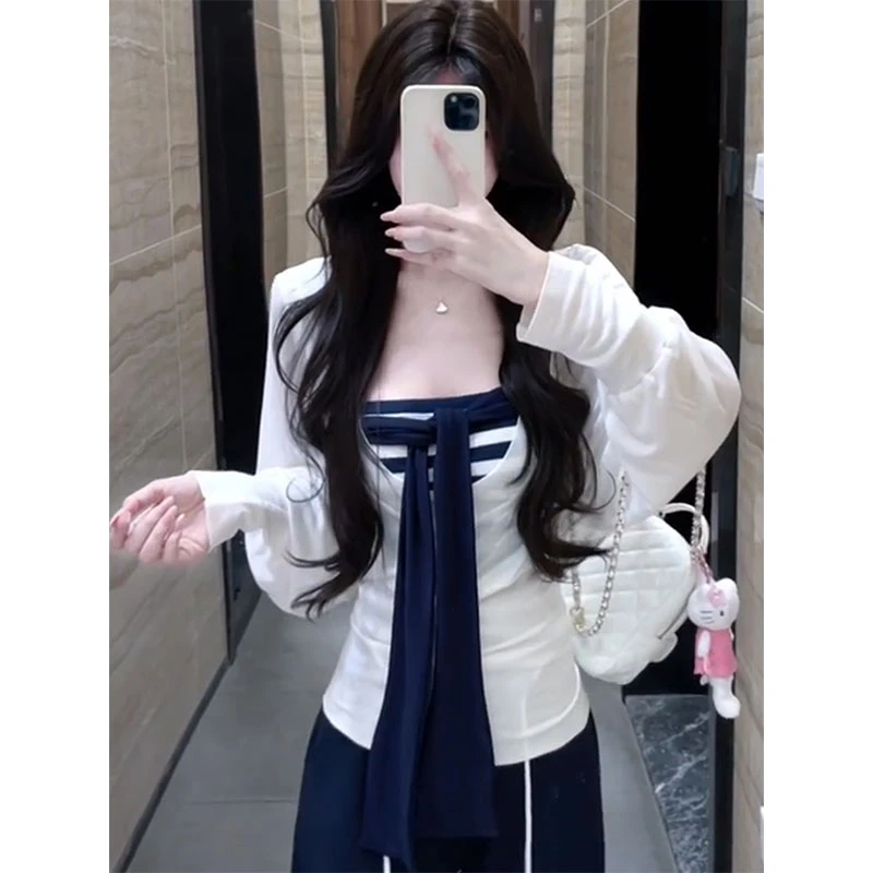 S-4XL好品质纯欲风辣妹蝴蝶结抹胸背心女秋季长袖罩衫T恤两件套