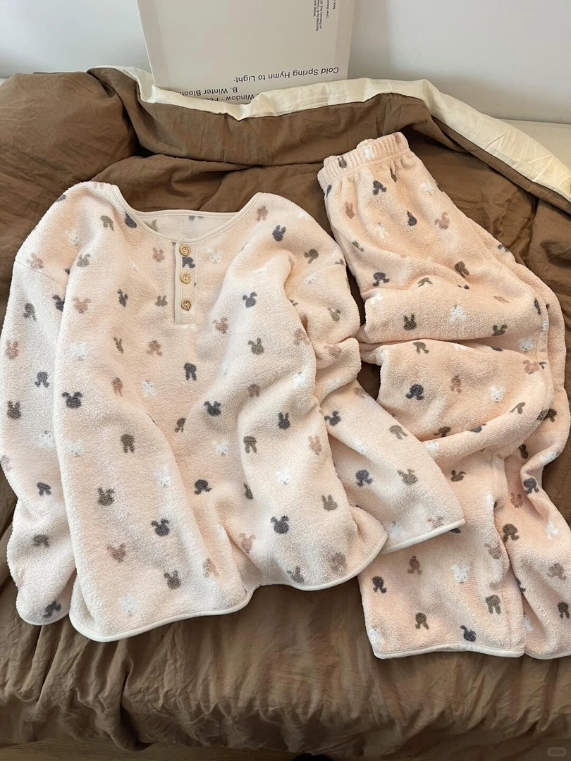 甜美少女粉色兔子法兰绒睡衣女秋冬季加厚保暖长袖长裤家居服套装
