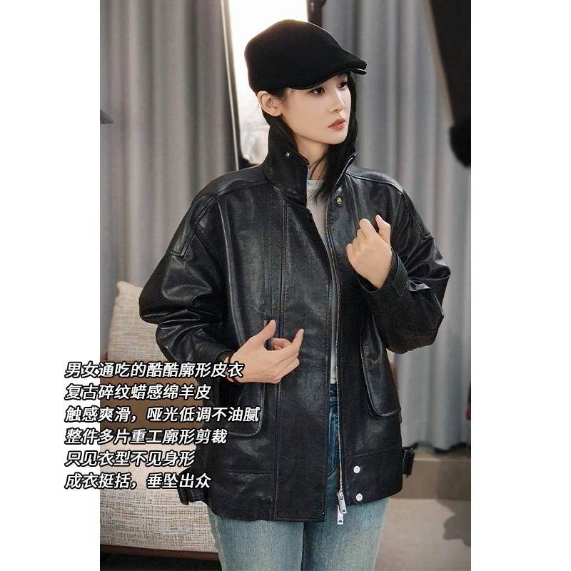 A 美洋MEIYANG 池袋皮衣 碎纹蜡感皮_可拆卸挡风片男女廓形夹克