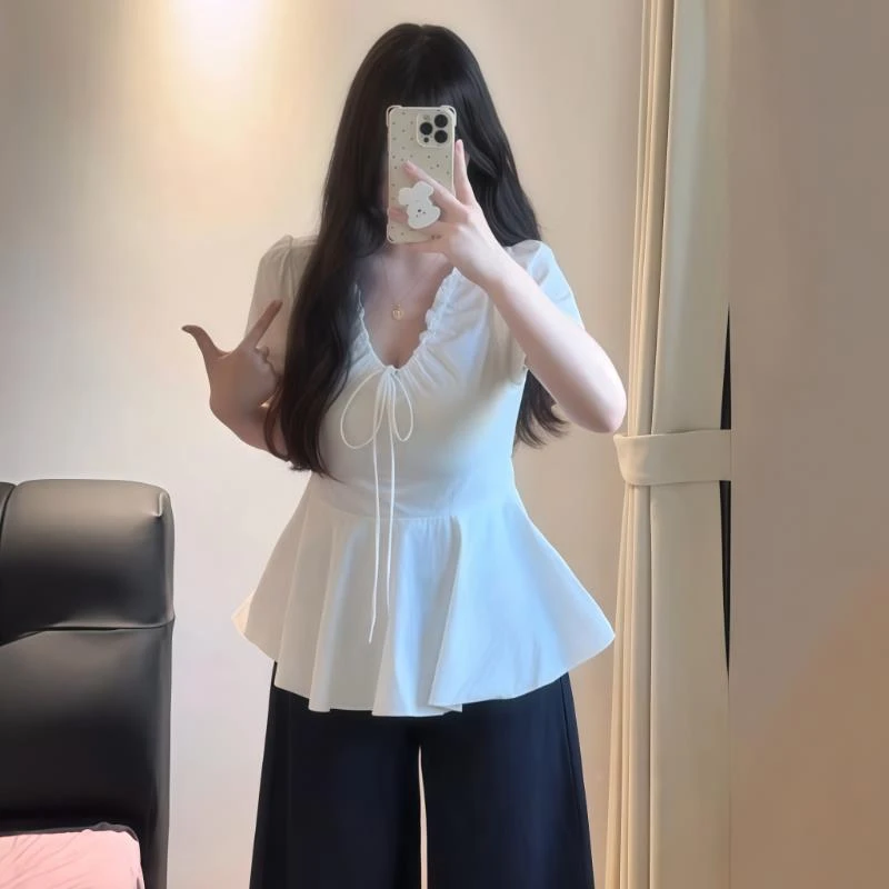 大尺码女装韩系V领短袖衬衫女夏季微胖mm宽松显瘦遮肉抽绳小衫上