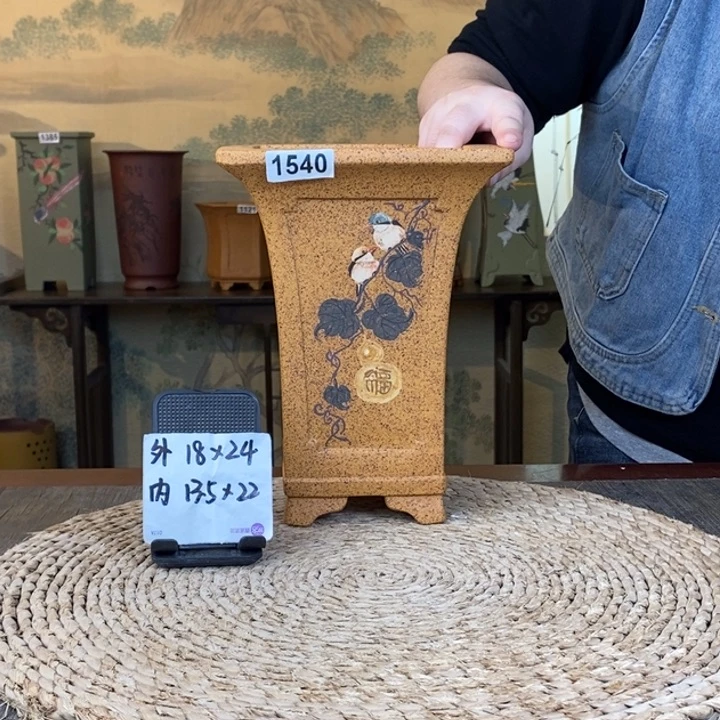 紫砂花盆  柴烧内奎福禄手绘签筒1540