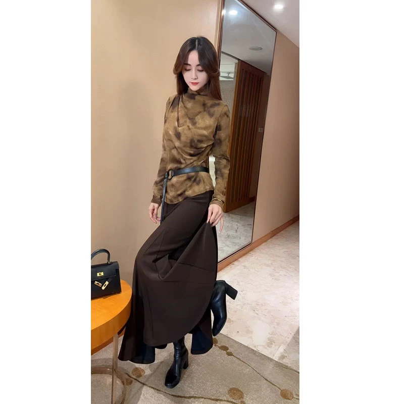 含腰带/气质洋气半高领复古印花打底衫上衣女显瘦鱼尾裙半身裙潮