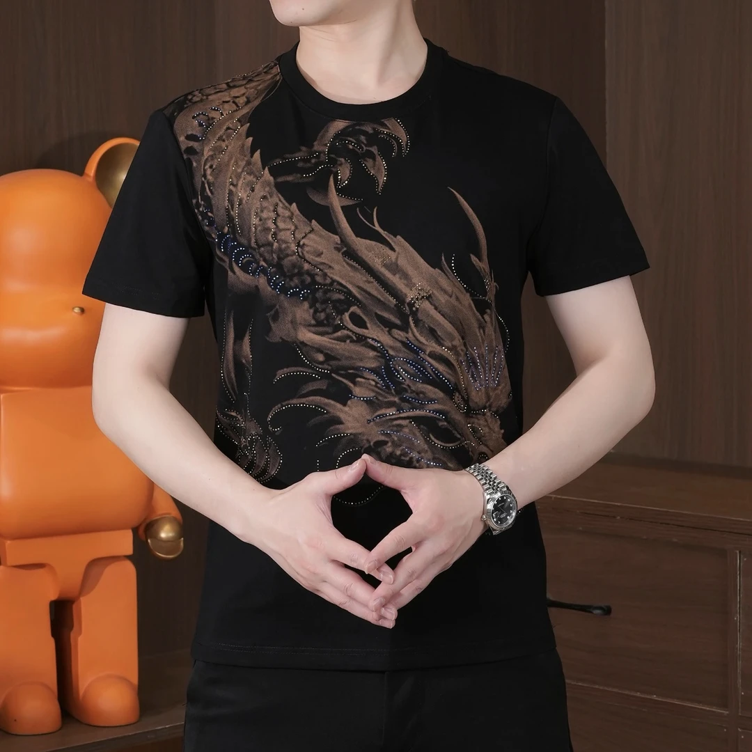 2025夏季男士圆领短袖T恤烫钻时尚休闲半袖潮流修身百搭高品质