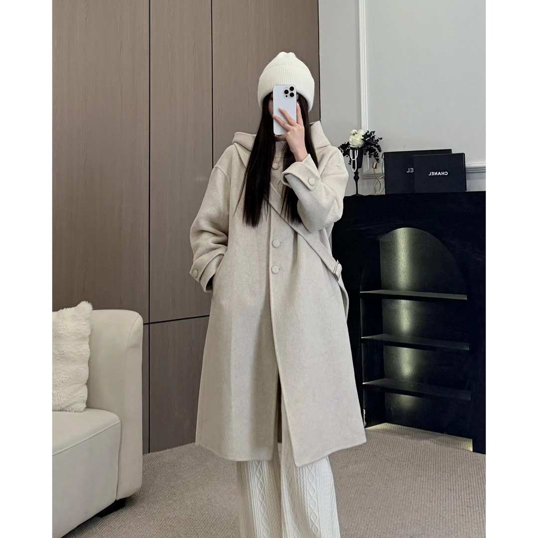 COCO YVONNE双面羊绒大衣秋冬新款韩版宽松慵懒风连帽外套9655