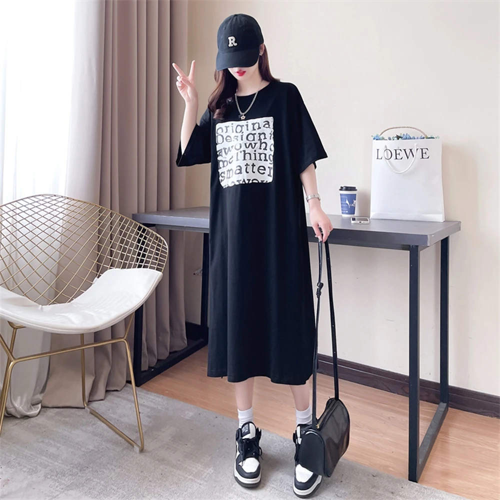 懒人套头显瘦宽松过膝连衣裙女黑色遮肉休闲减龄中长款t恤裙夏季