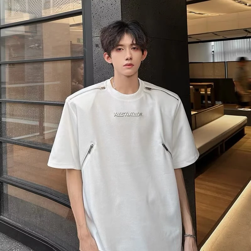 常规ins青少年拉链垫肩t恤男夏季男生潮流新款圆领宽松型潮流短袖