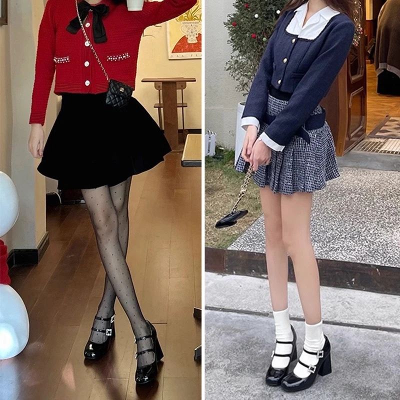 法式气质水钻粗跟玛丽珍鞋银色高跟鞋浅口方头一字扣配裙子单鞋女