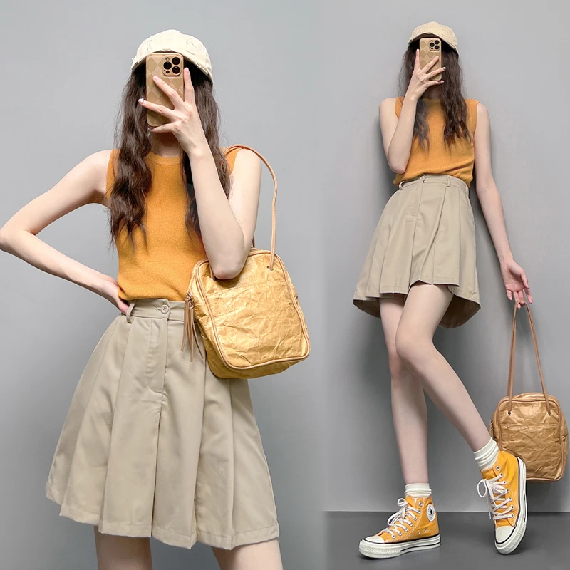 开叉高腰休闲裤女夏季2025新款小个子显瘦阔腿短裤搭针织背心套装