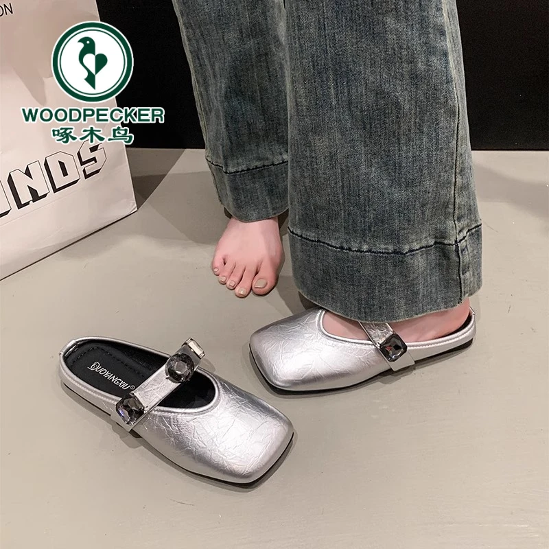 啄木鸟法式水钻方头半拖女外穿2025夏新款包头懒人软底沙滩凉拖鞋