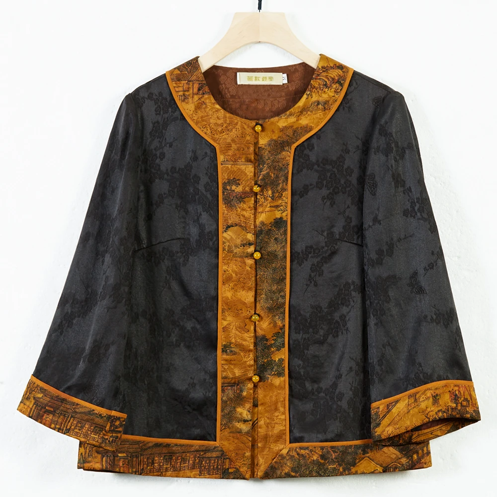 华美人【美人如画】中式复古香云纱拼接清明上河图唐装上衣美人如画