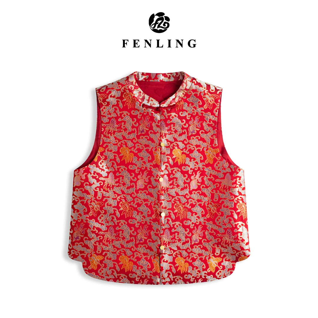 芬领-金鱼闹彩蝶-桑蚕丝宋锦40姆提花幻彩国风小立领马甲BX1579