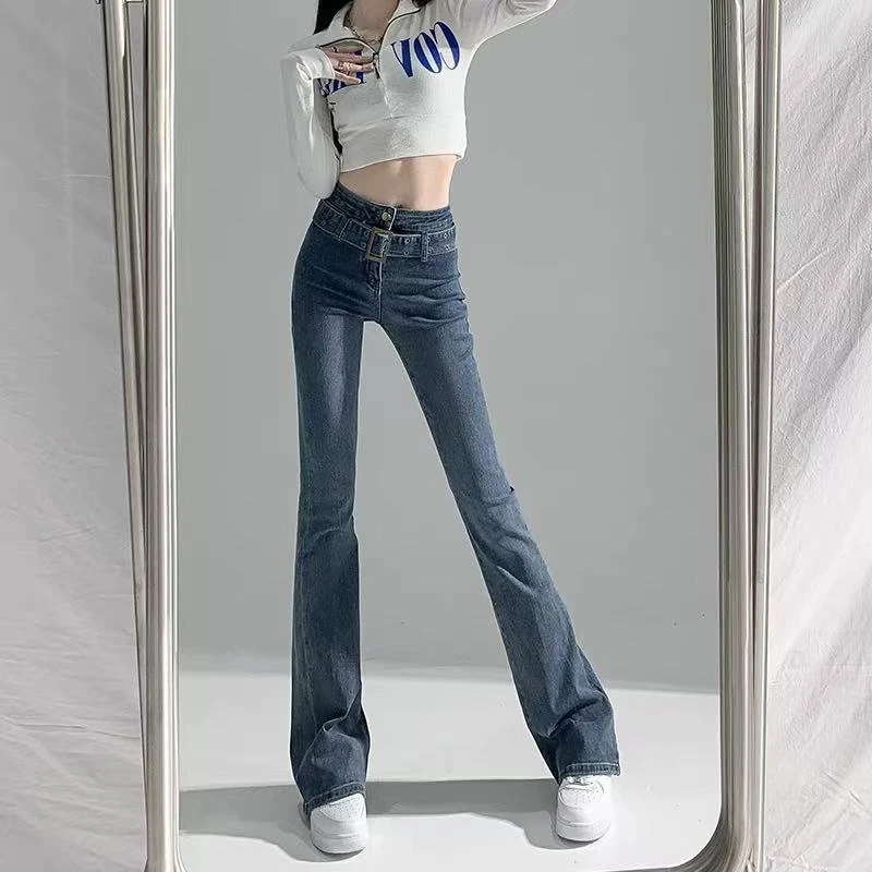 弹力高腰带腰带牛仔裤女高腰修身显瘦春秋季潮ins微喇叭裤子