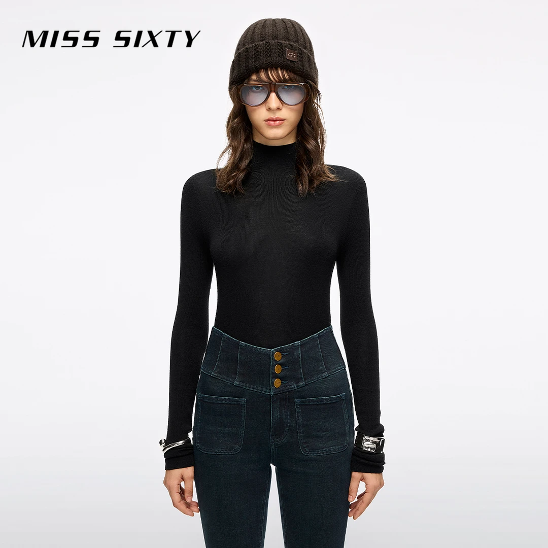 【杨幂同款】Miss Sixty2025冬季新款针织衫女半高领羊毛真丝毛衣