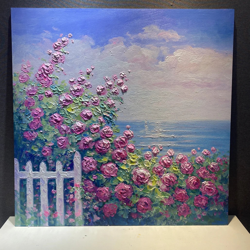 （海边蔷薇）纯手绘油画装饰画入户走廊玄关挂画