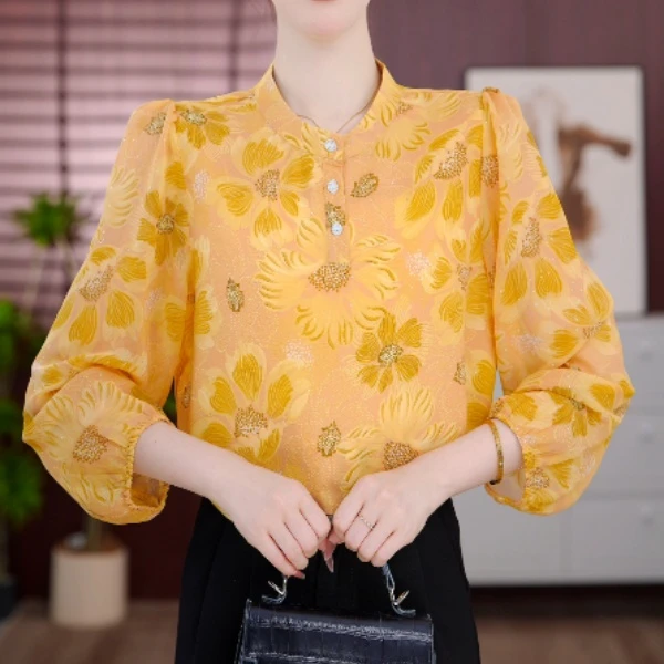 FZ505春蕴花晓2025新款小衫洋气衣服套头衬衫中袖女上衣打底时尚