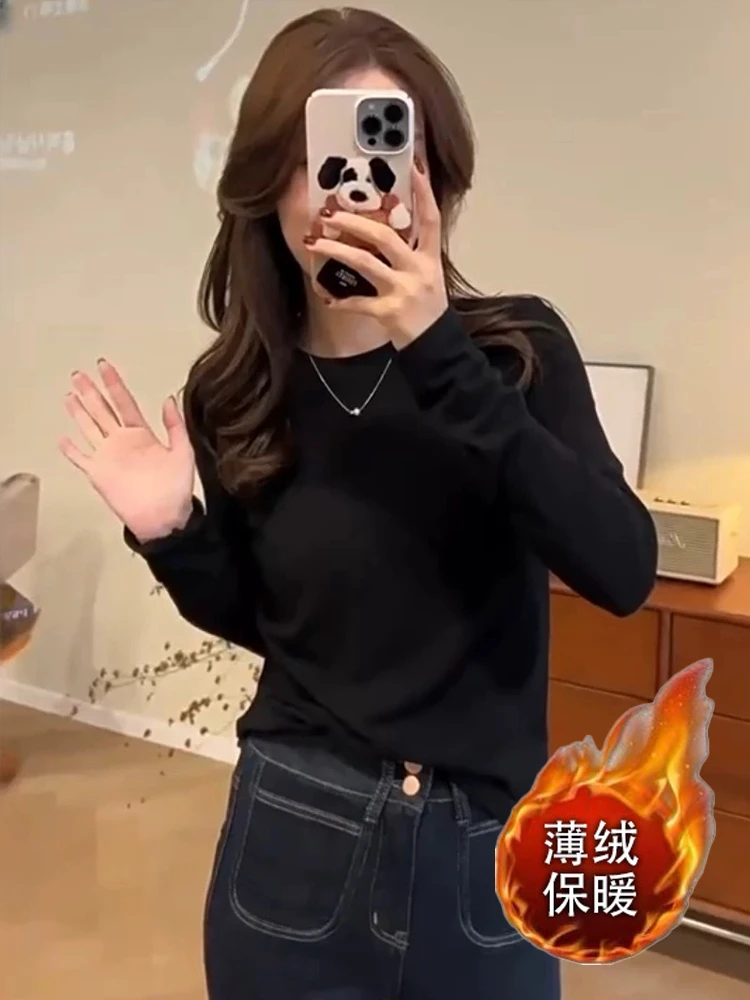 秋冬薄绒保暖打底衫长袖T恤女圆领韩版减龄修身甜辣超火内搭上衣