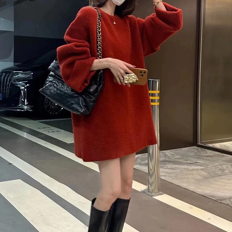 新年战袍红色毛衣女秋冬季宽松连衣裙慵懒风加厚内搭针织衫上衣