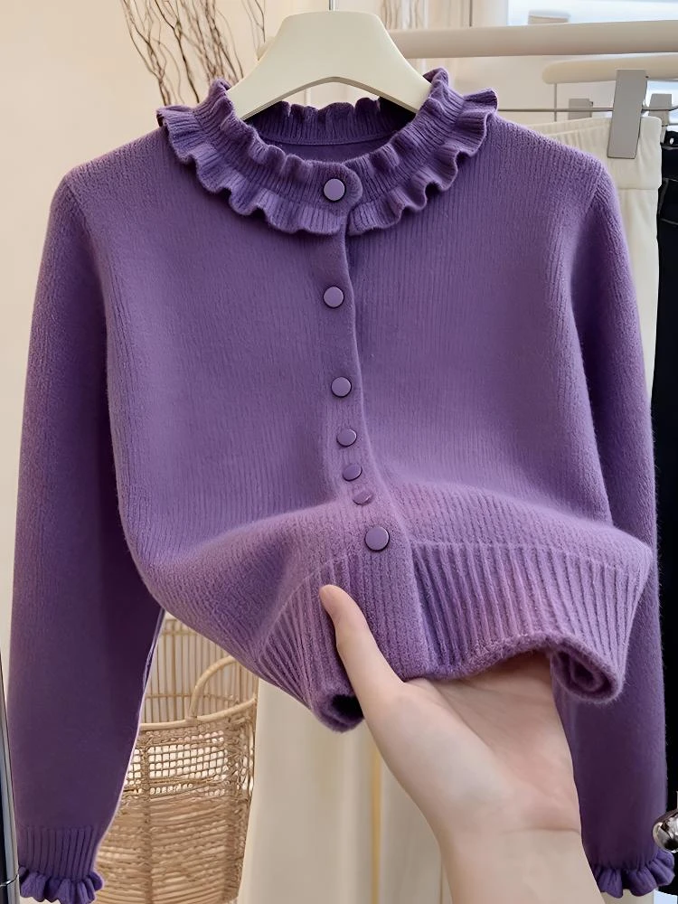 温柔风紫色荷叶边针织开衫女2025秋冬季长袖单排扣显瘦毛衣外套潮