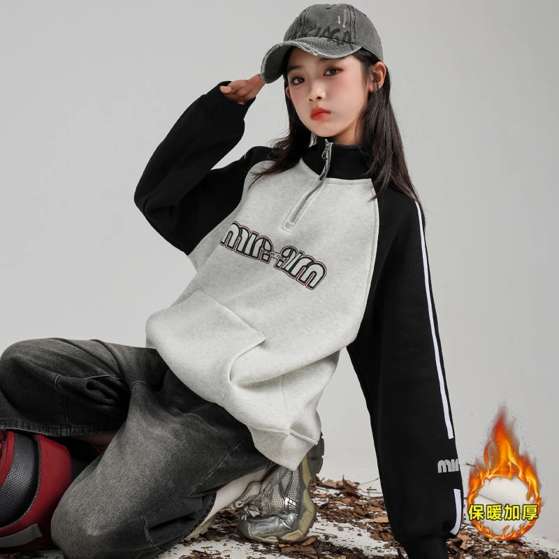女童加绒卫衣春秋冬装韩版洋气半拉链上衣儿童秋衣女孩初中生衣服