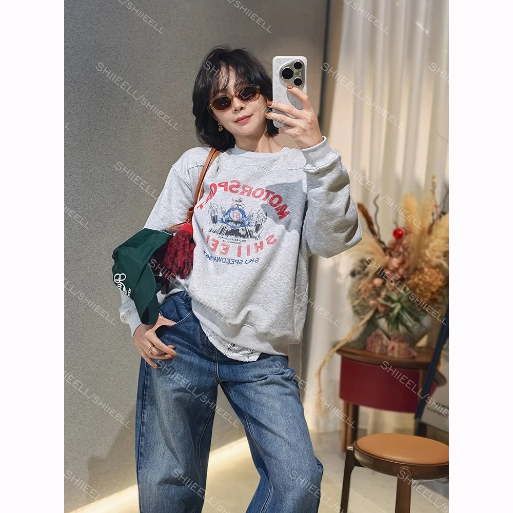 SHIIEELL【甜飒赛车手】复古无感印花秋冬宽松软糯圆领卫衣Z8121