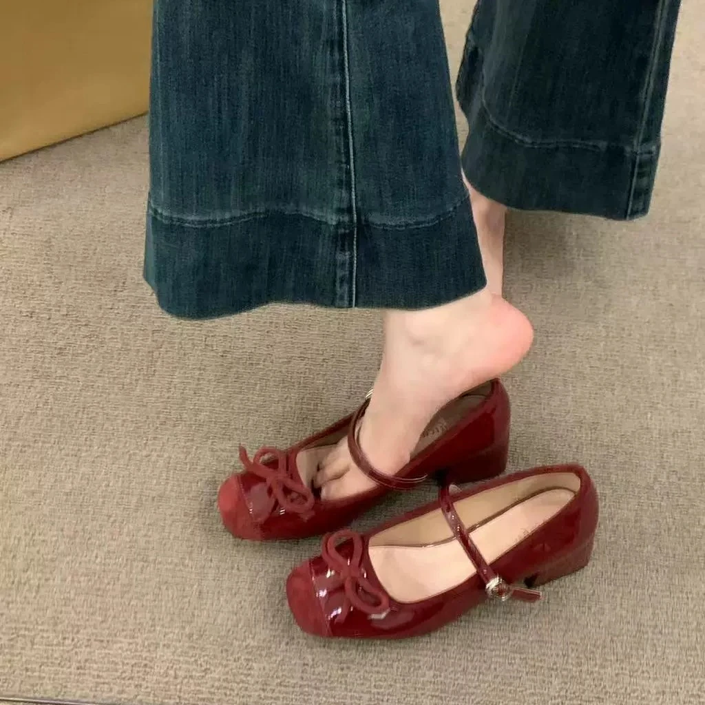 法式中高跟红色玛丽珍单鞋女鞋子2025新款春季配裙子蝴蝶结晚晚鞋