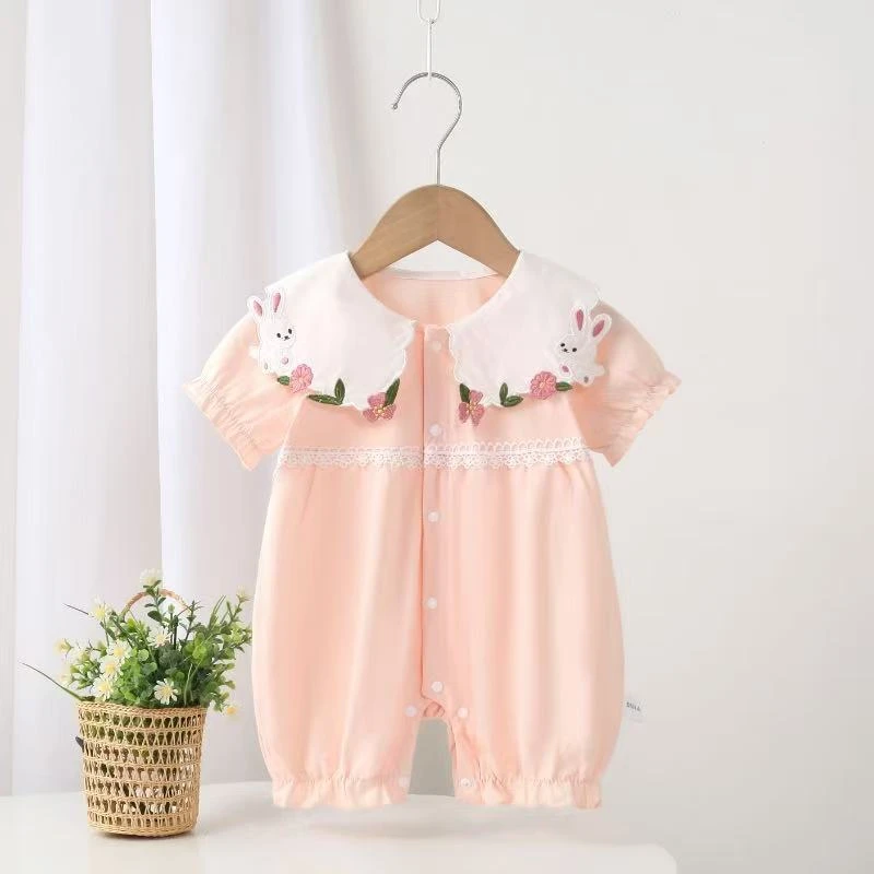 2025新款婴儿夏季新生甜美公主女宝连体衣满月百天短袖哈衣爬服