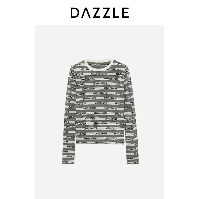 DAZZLE地素毛针织衫24春提花字母条纹圆领上衣2I1E489