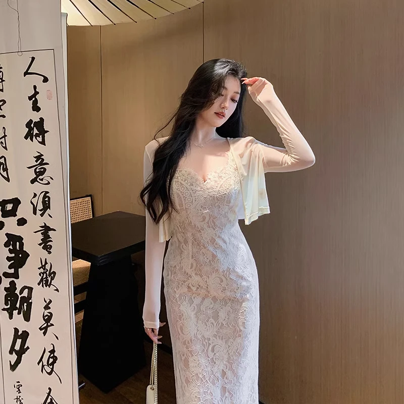 风情万种蕾丝吊带连衣裙修身包臀裙生日礼服裙防晒空调开衫812