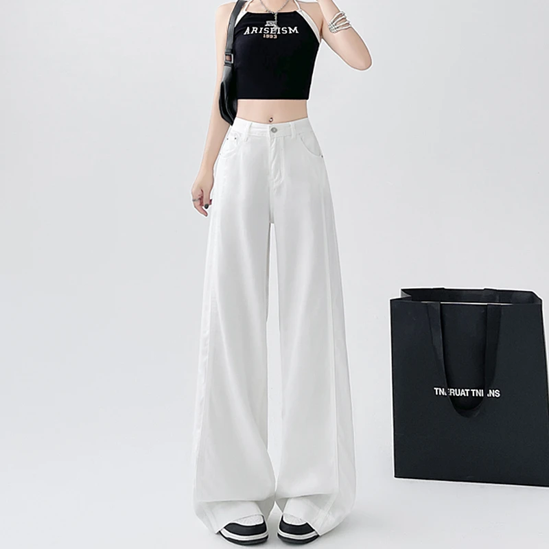 清凉冰爽透气天丝棉裤夏季高腰美式白色侧缝拉高设计拖地牛仔裤女