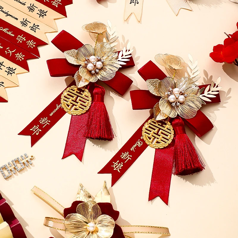 映菲寻结婚礼新郎新娘高级精致胸花家人父母伴郎伴娘红色胸针襟花