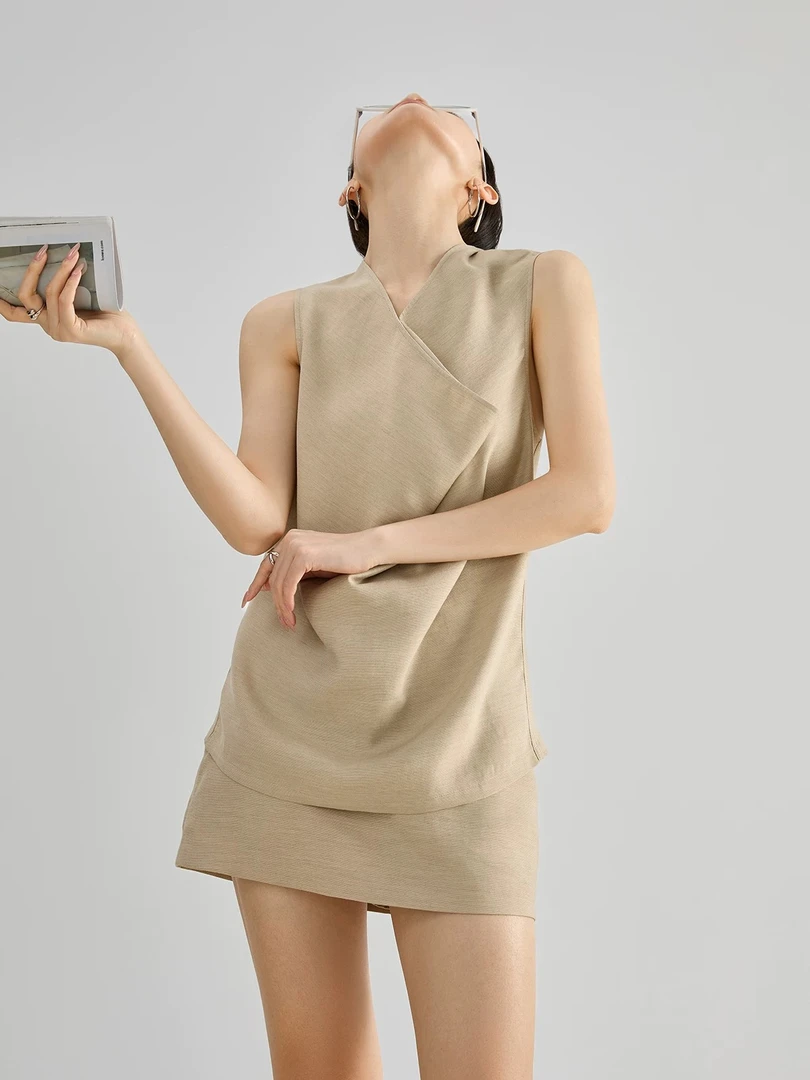 设计师款天丝亚麻套装高级感气质简约无袖套装短裙