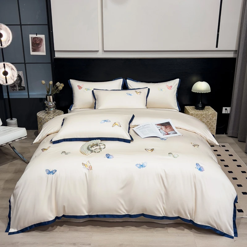 【晴美】简约轻奢全棉刺绣四件套-水彩蝴蝶-奶昔白