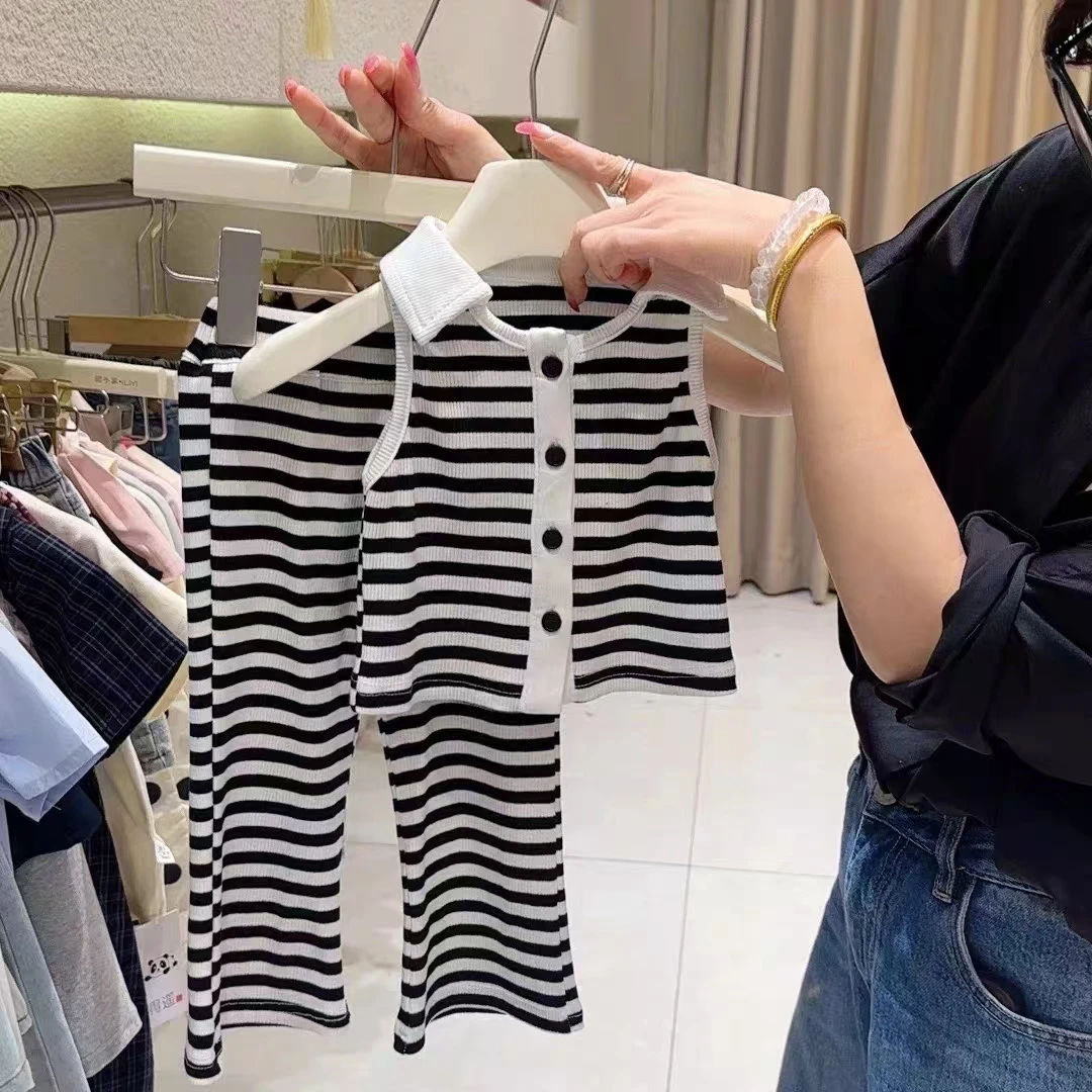 女童夏季2025时髦翻领无袖套装时尚条纹背心微喇裤韩版两件套潮