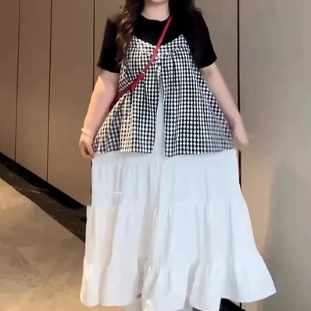 美奈美衣大码叠穿套装短袖上衣格子拼接吊带裙两件套