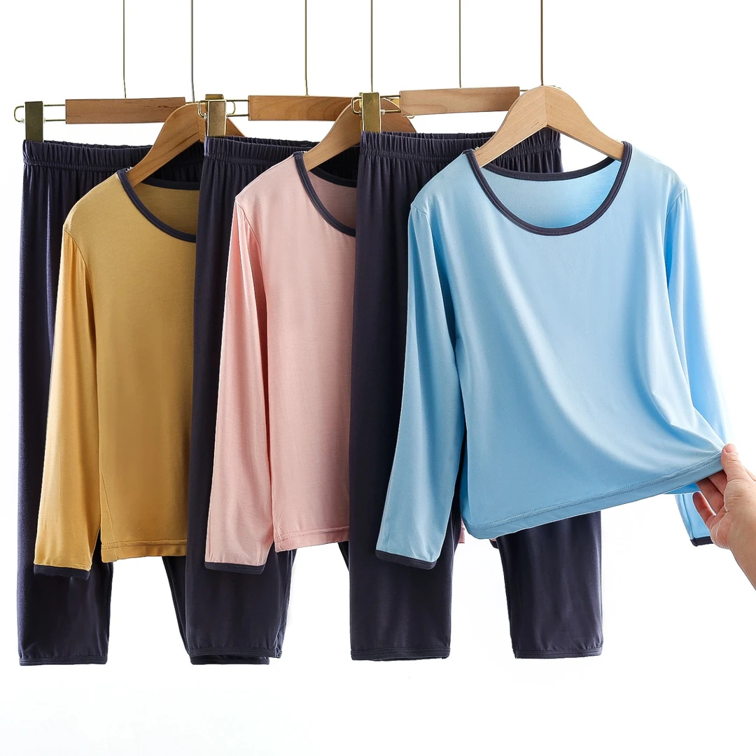 夏季儿童撞色领长袖中大童家居空调服套装 2501