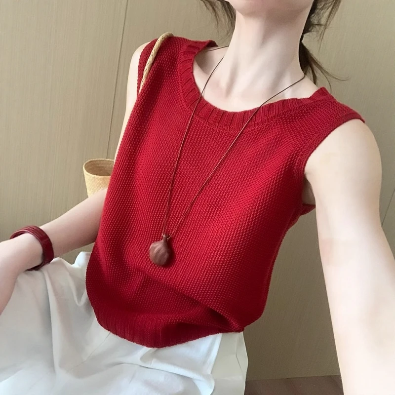 韩版气质红色冰丝针织华夫格背心女2025夏季显瘦无袖吊带T恤上衣