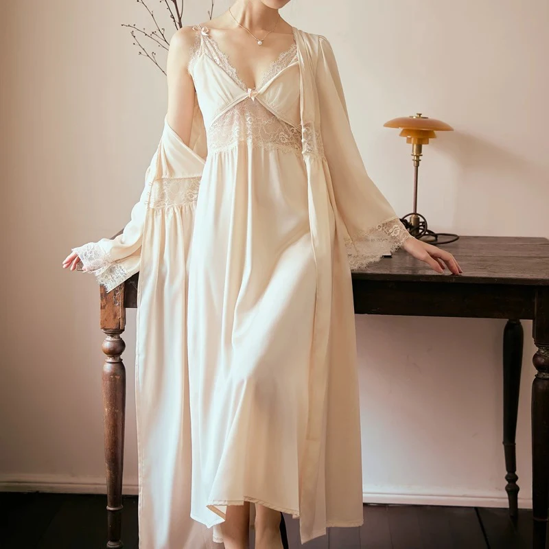 高级重工法式镂空性感吊带睡裙冰丝两件套睡衣