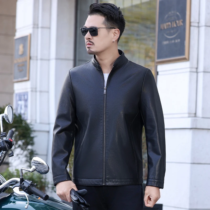 男装真皮加绒加厚立领精神气质干练年轻修身商务中青年5 2336