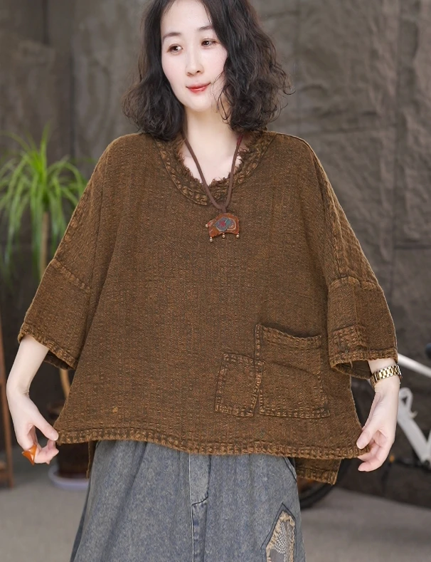 夏季新款复古纯色炒色做旧V领半袖上衣女