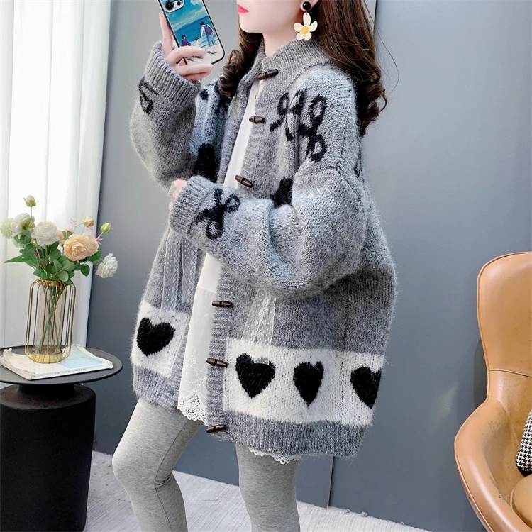 费尔岛复古提花灰色毛衣开衫女秋冬季新款宽松慵懒风加厚针织外套