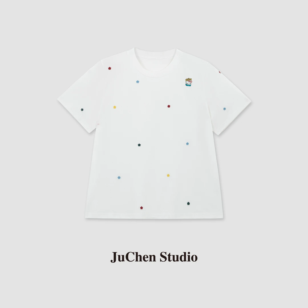 “薯条kitty猫”夏日多巴胺索罗娜刺绣透气宽松短袖T恤SS034031