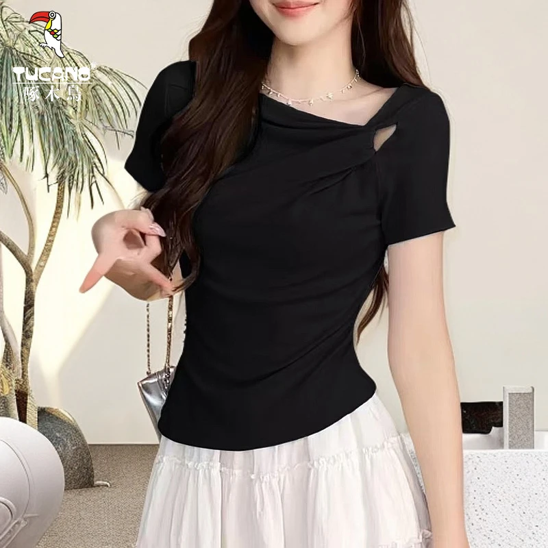 啄木鸟夏季韩系纯欲风短袖不规则收腰褶皱女体恤气质百搭上衣减龄
