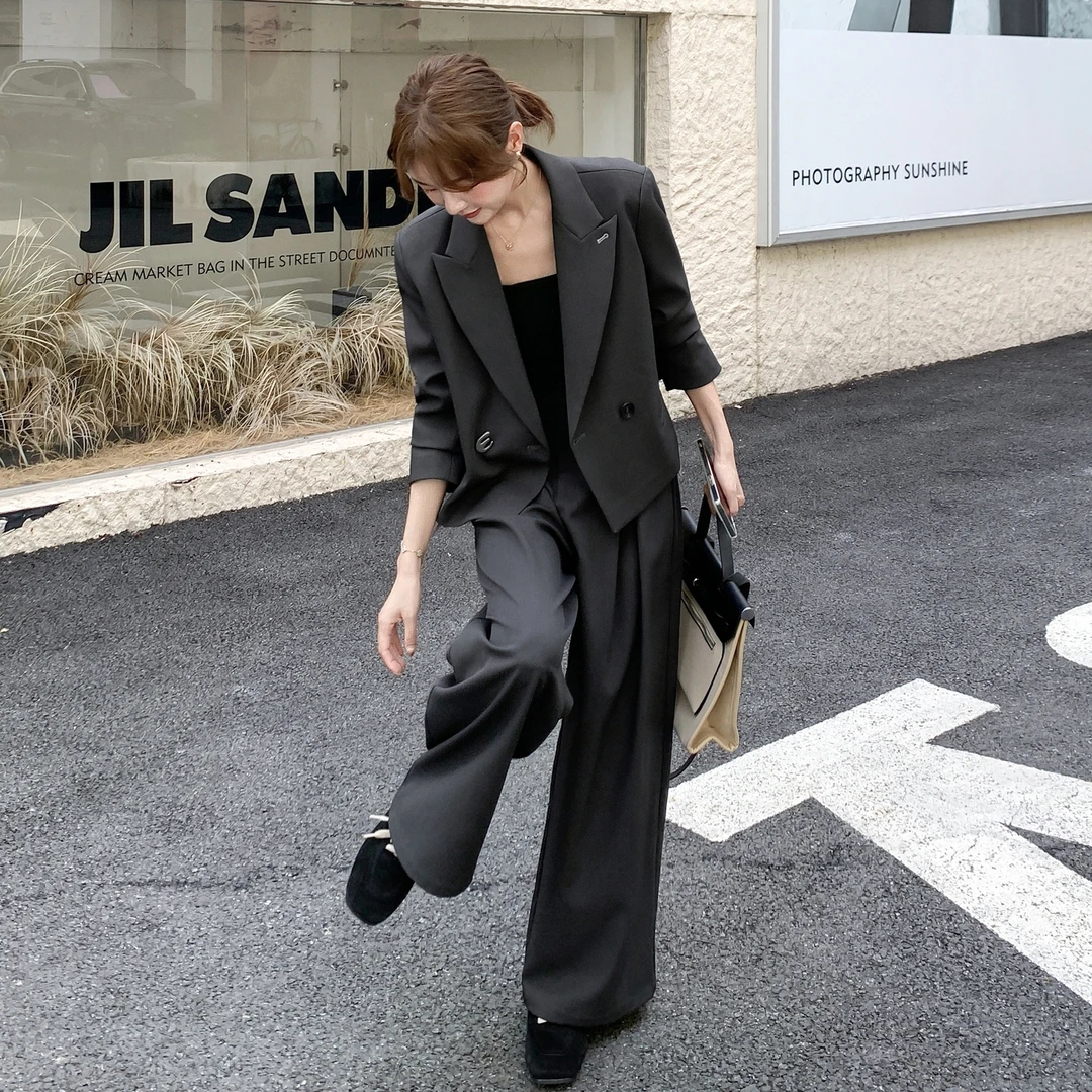 灰色韩系高级感气质西服套装女2025秋季职业通勤西装阔腿裤两件套