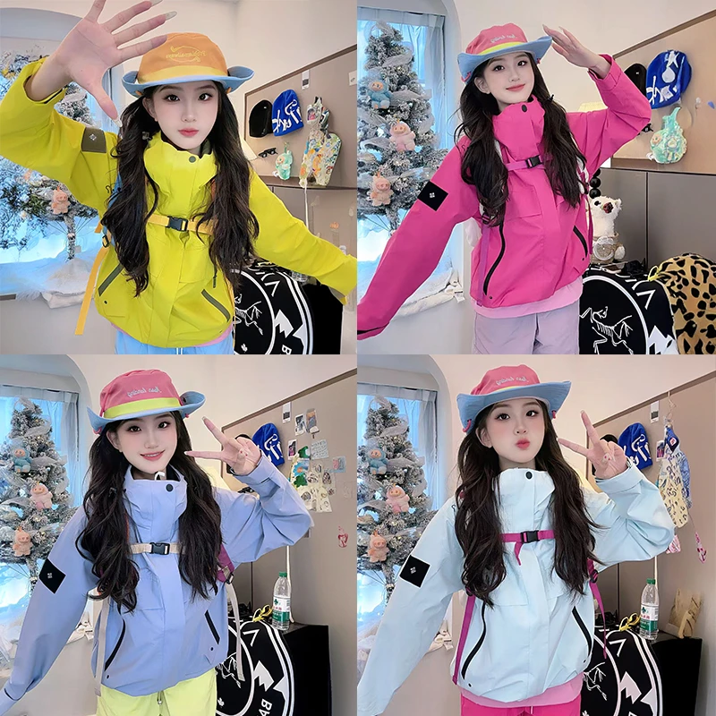 户外冲锋衣三合一男女款防风防水可拆卸徒步登山多巴胺连帽外套