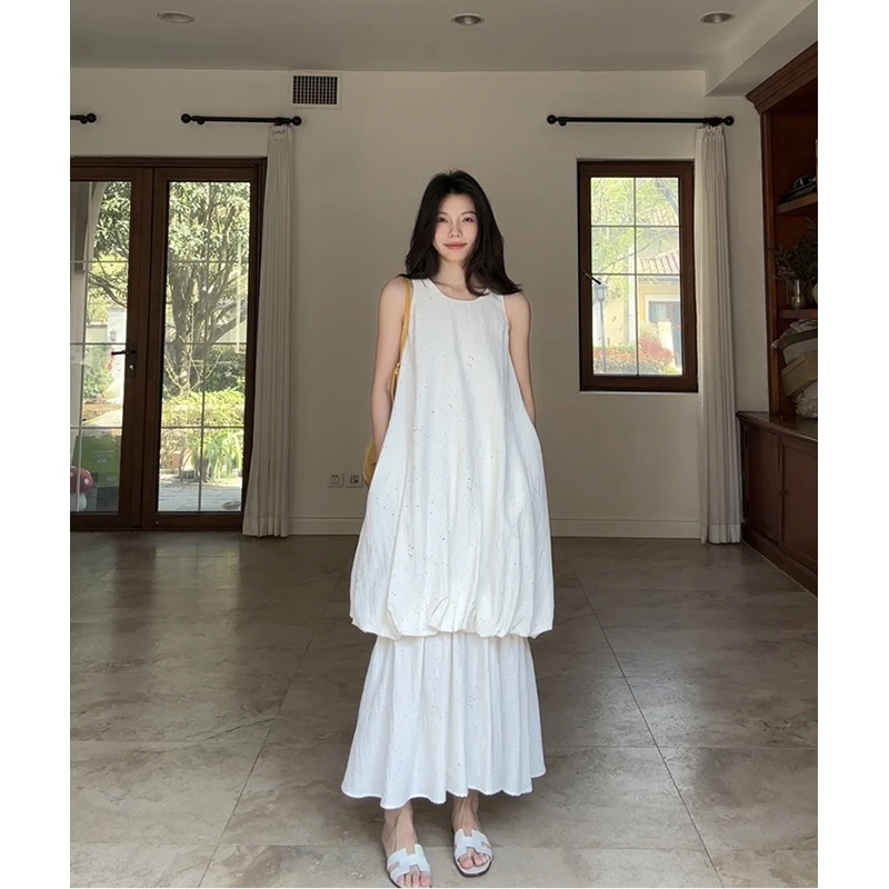 郭九九呢 气质设计感假两件宽松显瘦彩点无袖连衣裙 G925Q04605